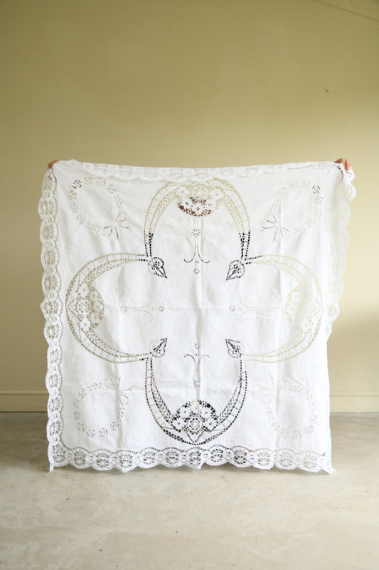 Vintage Cut Work Embroidered White Tablecloth