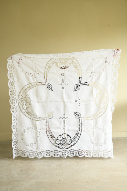 Vintage Cut Work Embroidered White Tablecloth