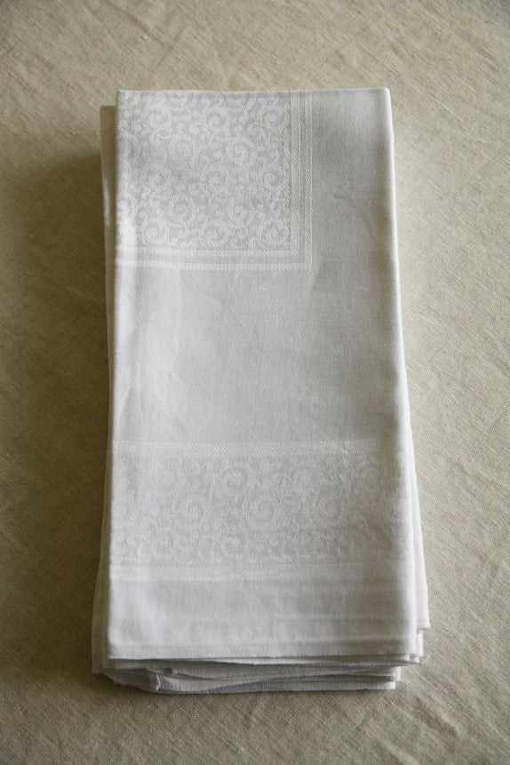 6 Vintage White Linen Damask Napkins