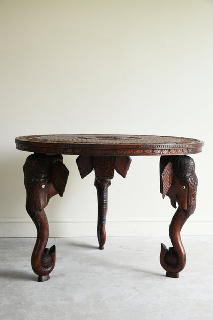 Large Anglo Indian Carved Teak Round Coffee Table