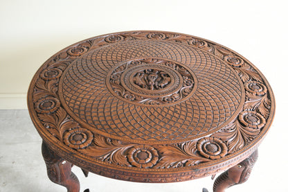 Large Anglo Indian Carved Teak Round Coffee Table