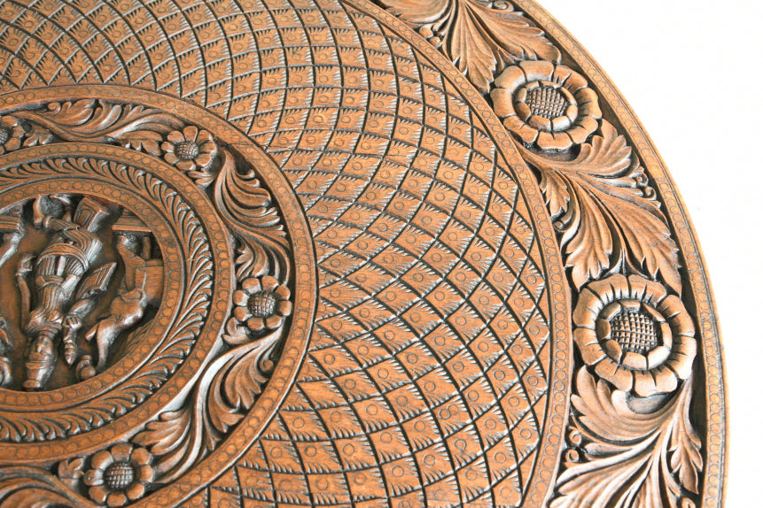 Large Anglo Indian Carved Teak Round Coffee Table