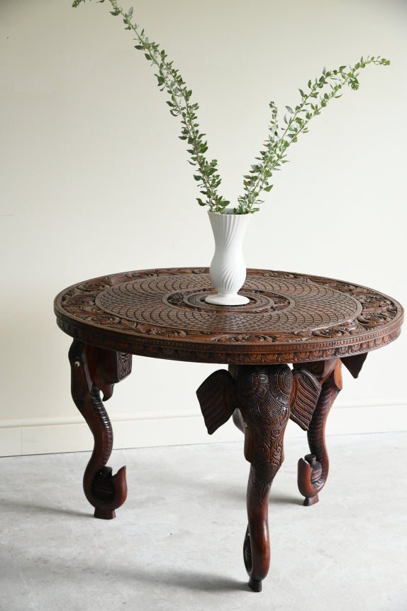 Large Anglo Indian Carved Teak Round Coffee Table