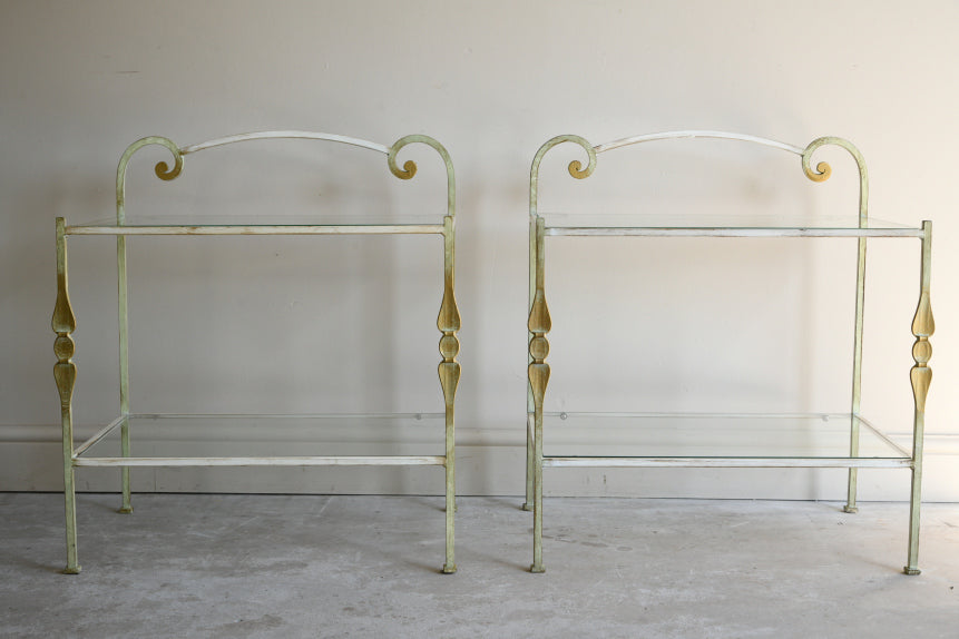 Pair Wrought Iron & Glass Bedside Tables