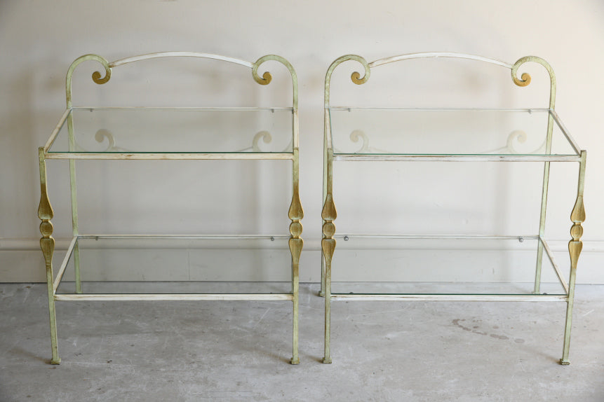 Pair Wrought Iron & Glass Bedside Tables