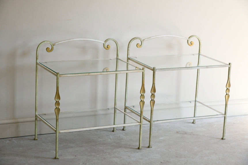 Pair Wrought Iron & Glass Bedside Tables
