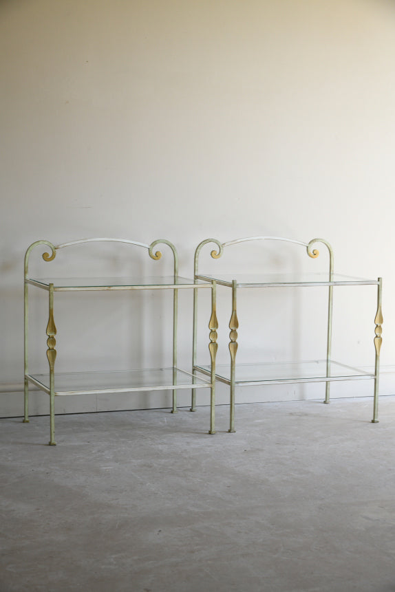 Pair Wrought Iron & Glass Bedside Tables