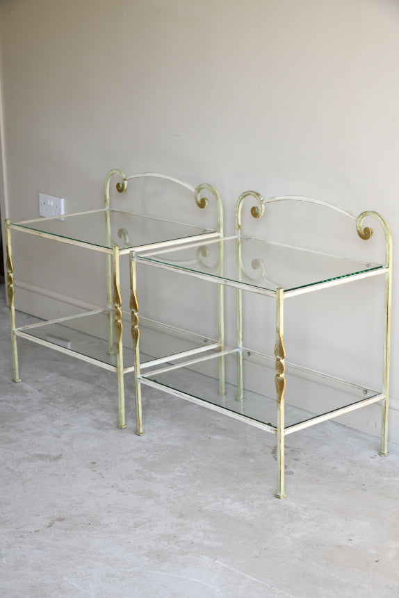 Pair Wrought Iron & Glass Bedside Tables