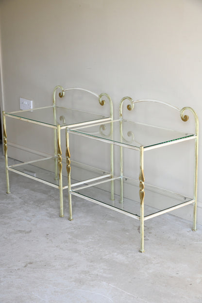 Pair Wrought Iron & Glass Bedside Tables