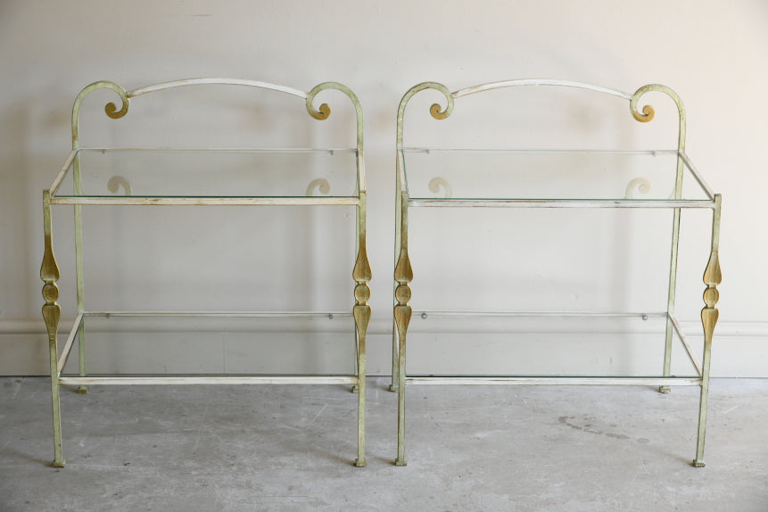 Pair Wrought Iron & Glass Bedside Tables