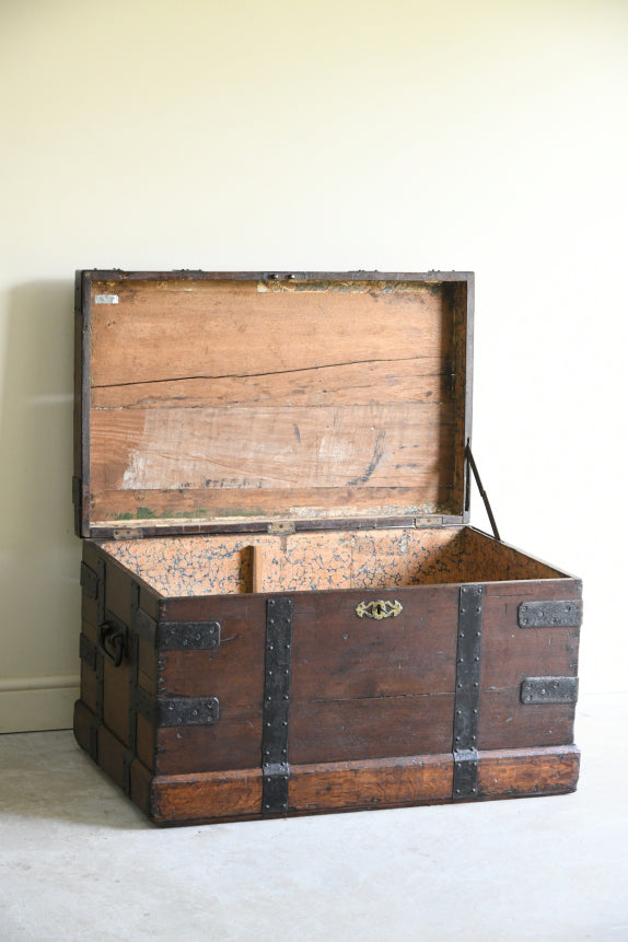 Large Antique Oak & Iron Clad Silver Chest