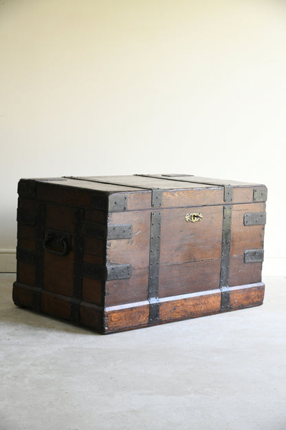 Large Antique Oak & Iron Clad Silver Chest