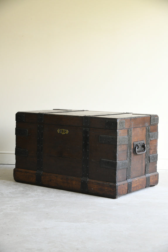 Large Antique Oak & Iron Clad Silver Chest