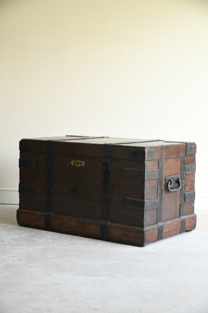 Large Antique Oak & Iron Clad Silver Chest