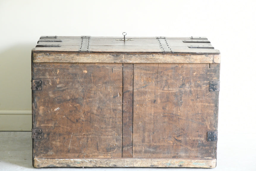 Large Antique Oak & Iron Clad Silver Chest