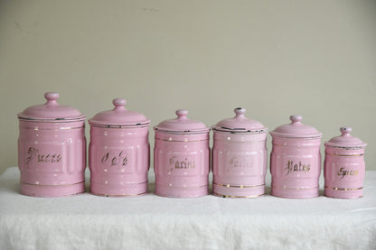 Vintage French Pink Enamel Kitchen Cannisters