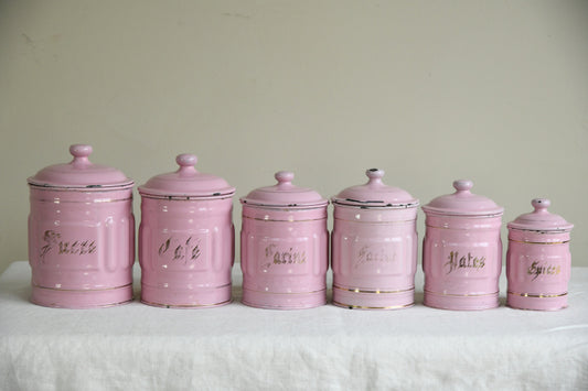 Vintage French Pink Enamel Kitchen Cannisters