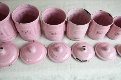 Vintage French Pink Enamel Kitchen Cannisters