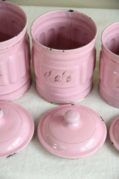Vintage French Pink Enamel Kitchen Cannisters