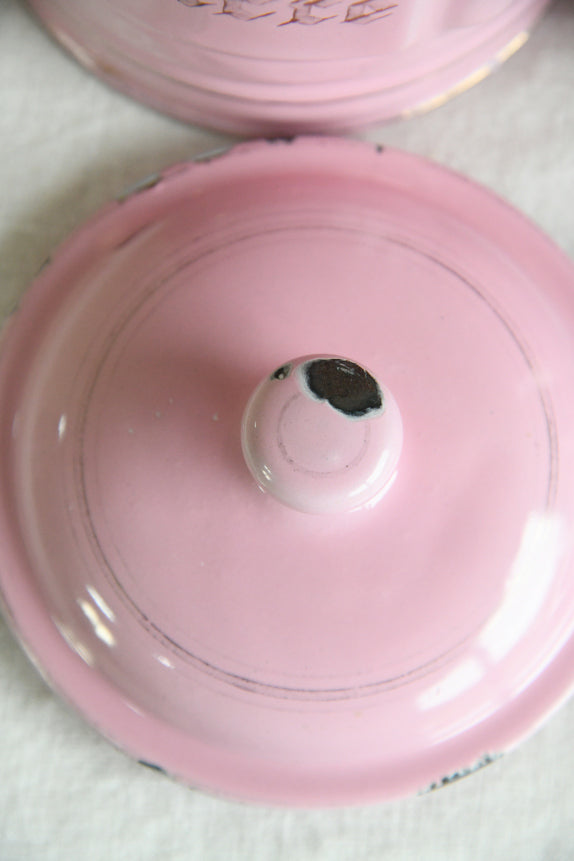 Vintage French Pink Enamel Kitchen Cannisters