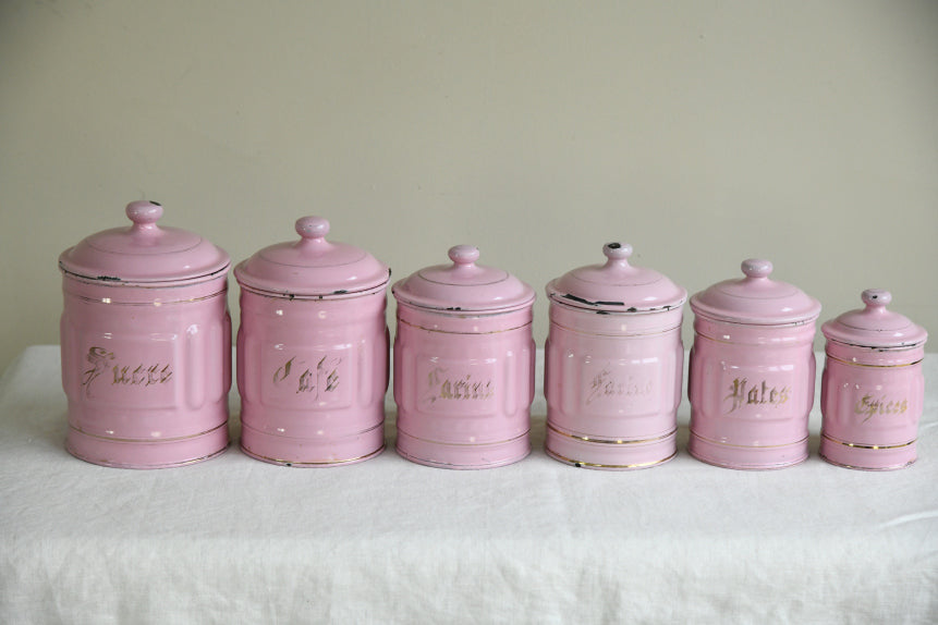 Vintage French Pink Enamel Kitchen Cannisters