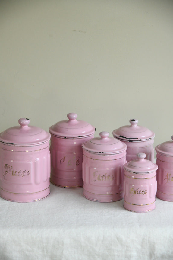 Vintage French Pink Enamel Kitchen Cannisters