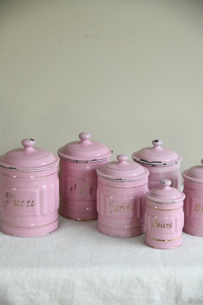 Vintage French Pink Enamel Kitchen Cannisters