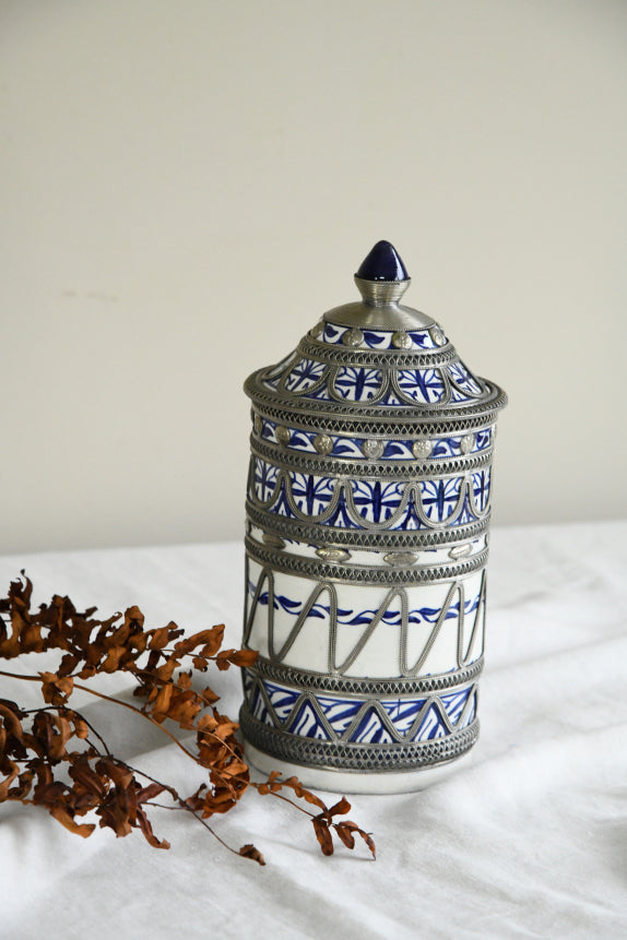 Vintage Morrocan Ceramic & White Metal Jar