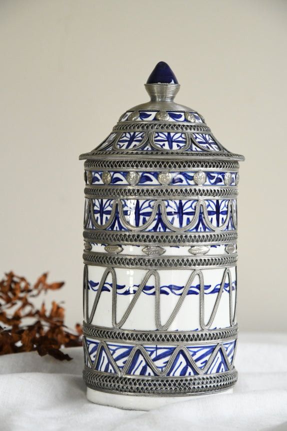 Vintage Morrocan Ceramic & White Metal Jar