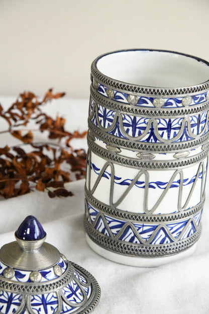 Vintage Morrocan Ceramic & White Metal Jar