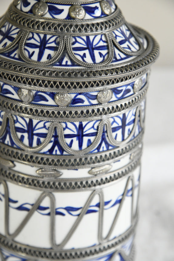 Vintage Morrocan Ceramic & White Metal Jar