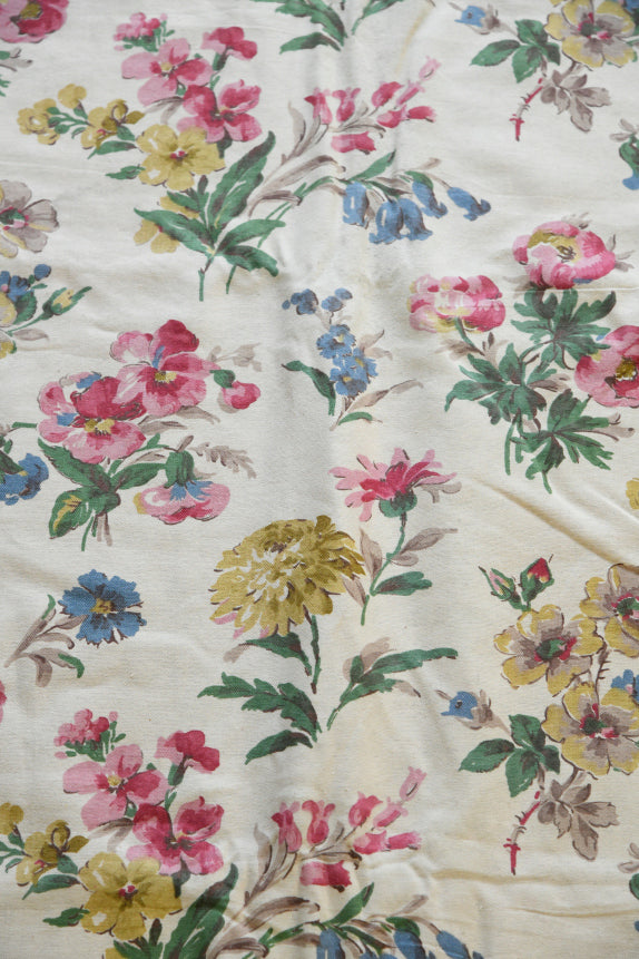 Close detail of floral print fabric highlighting botanical motifs and colour variation