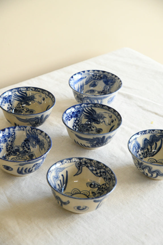 6 Blue & White Oriental Rice Bowls