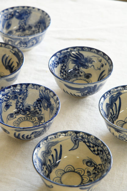 6 Blue & White Oriental Rice Bowls