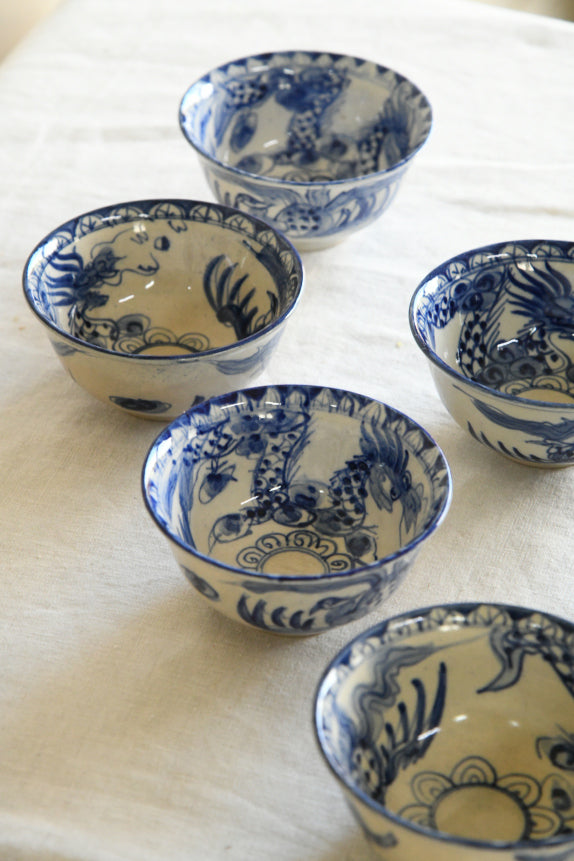 6 Blue & White Oriental Rice Bowls