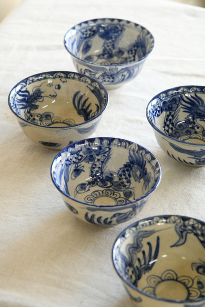 6 Blue & White Oriental Rice Bowls