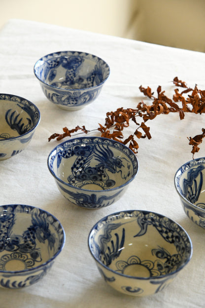 6 Blue & White Oriental Rice Bowls