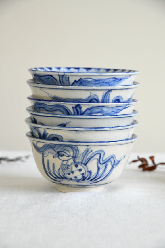 6 Blue & White Oriental Rice Bowls