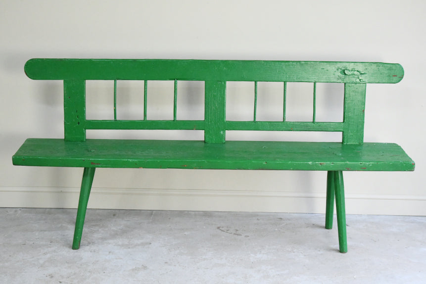 Antique Green Painted Pine European Bench