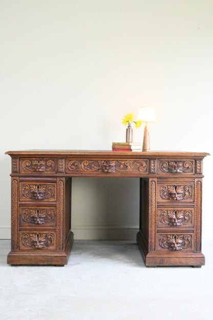 Antique Victorian Carved Oak Greenman Desk