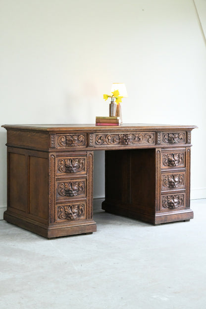 Antique Victorian Carved Oak Greenman Desk