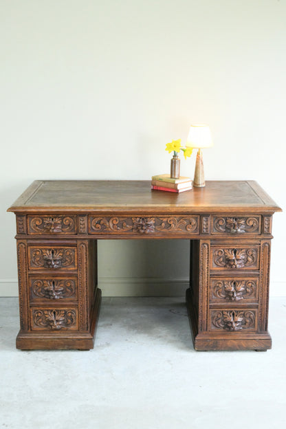 Antique Victorian Carved Oak Greenman Desk