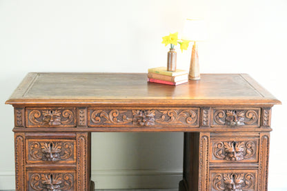 Antique Victorian Carved Oak Greenman Desk