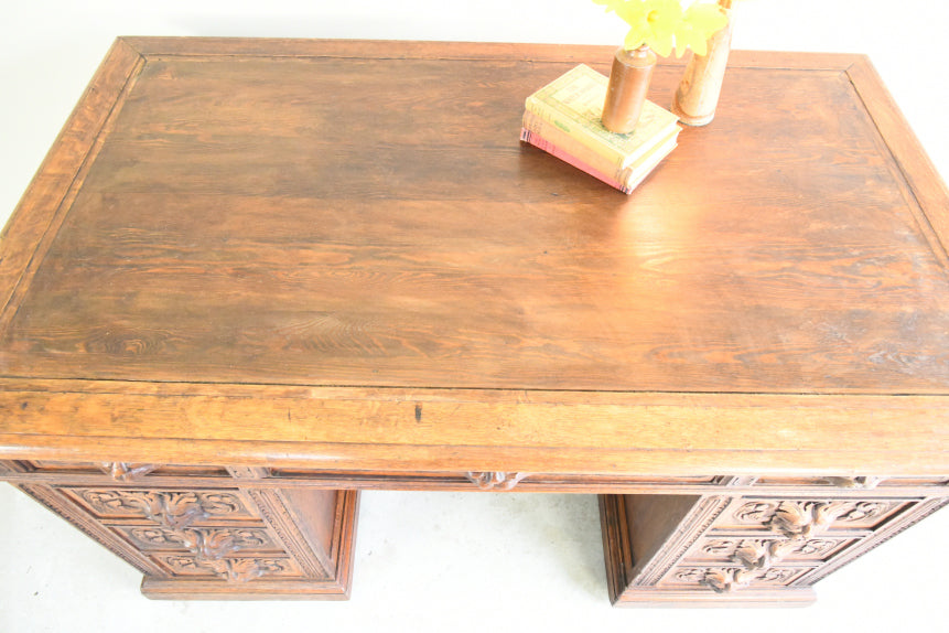 Antique Victorian Carved Oak Greenman Desk