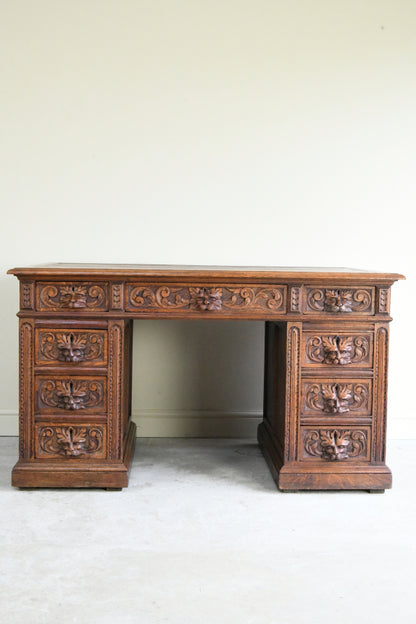 Antique Victorian Carved Oak Greenman Desk