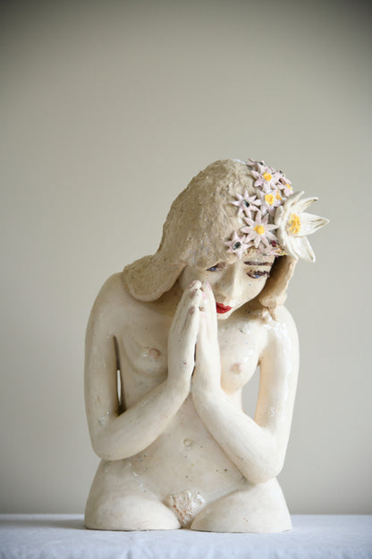 Studio Pottery Seated Female Figure with Floral Headdress