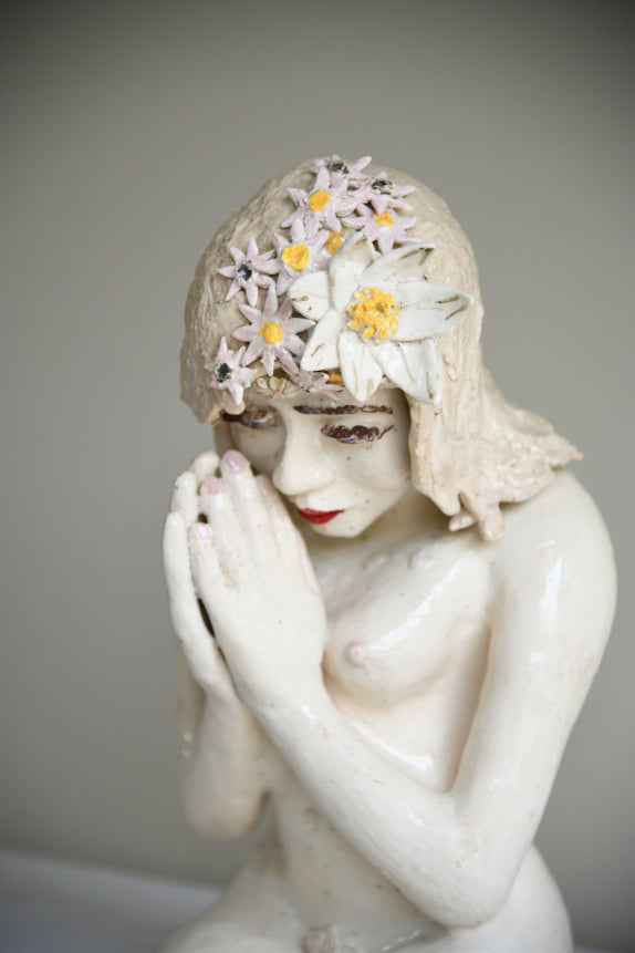 Studio Pottery Seated Female Figure with Floral Headdress