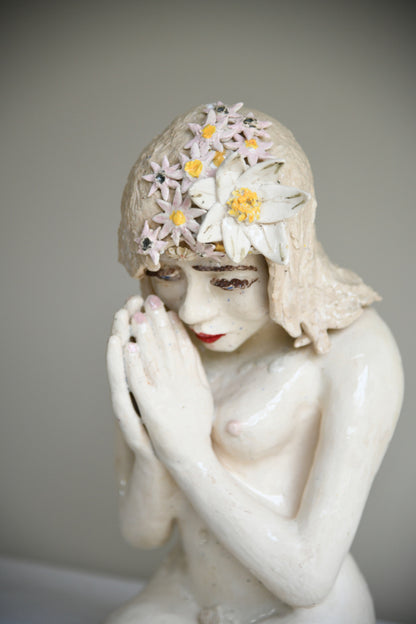 Studio Pottery Seated Female Figure with Floral Headdress