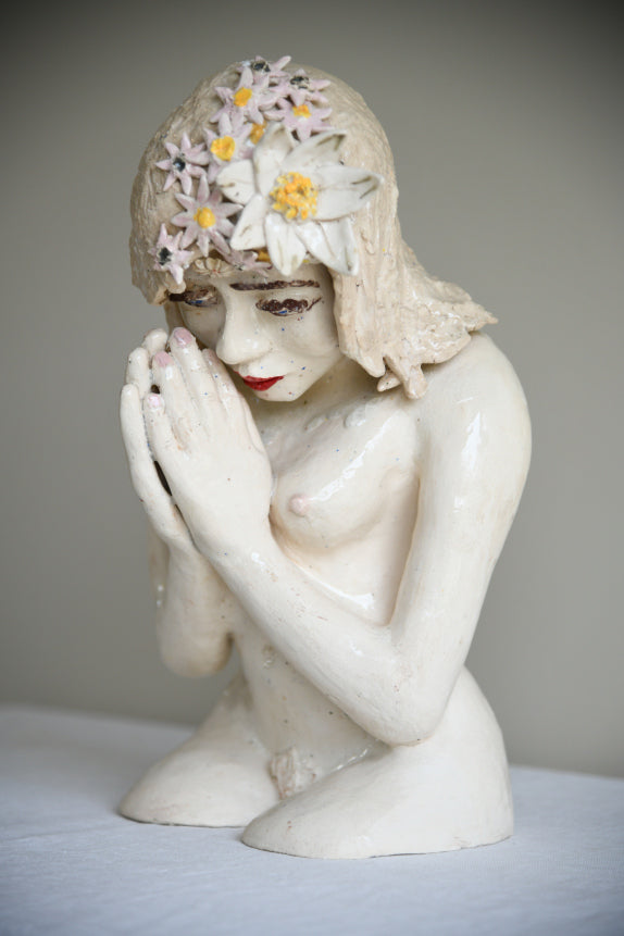 Studio Pottery Seated Female Figure with Floral Headdress