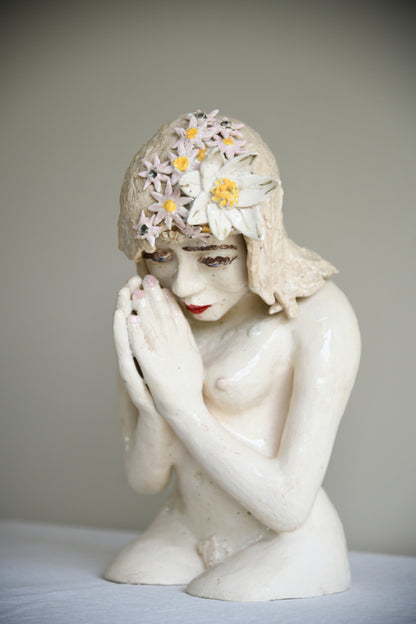 Studio Pottery Seated Female Figure with Floral Headdress